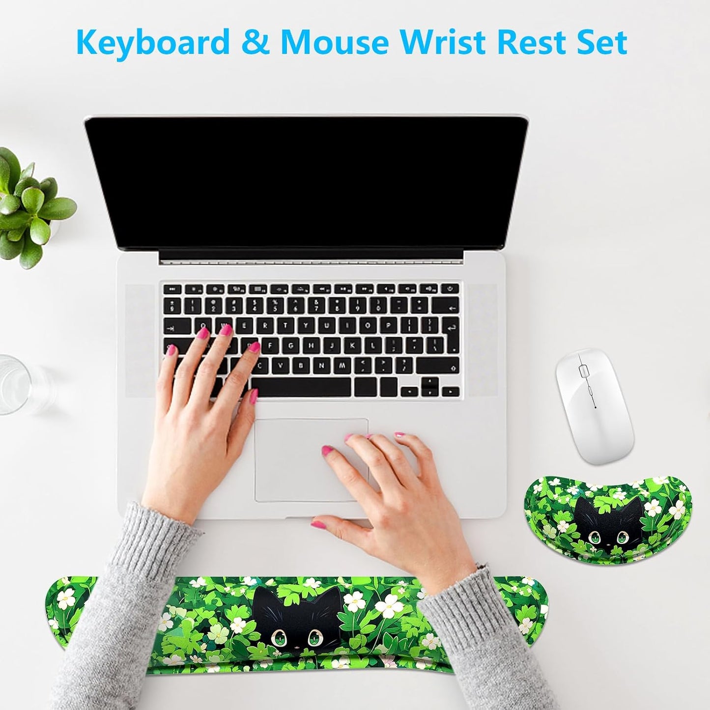 Dapesuom Enlarge Keyboard Wrist Rest, Memory Foam Wrist Cushion for Desk Mat Support, Cute Pain Relief Keyboard Mouse Pad Rests Set with Non-Slip Base for Gaming Laptop Office Computer, Elegant Flower