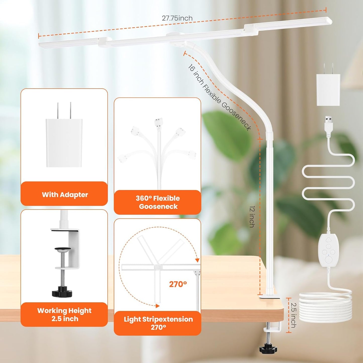 LED Desk Lamp for Office Home, 3 Head Adjustable Computer Monitor light Bar Stepless Dimming, Eye Caring Architect Desk Lamp Table Lamp Clip on Desk Light with Clamp for Reading Study Workbench Black