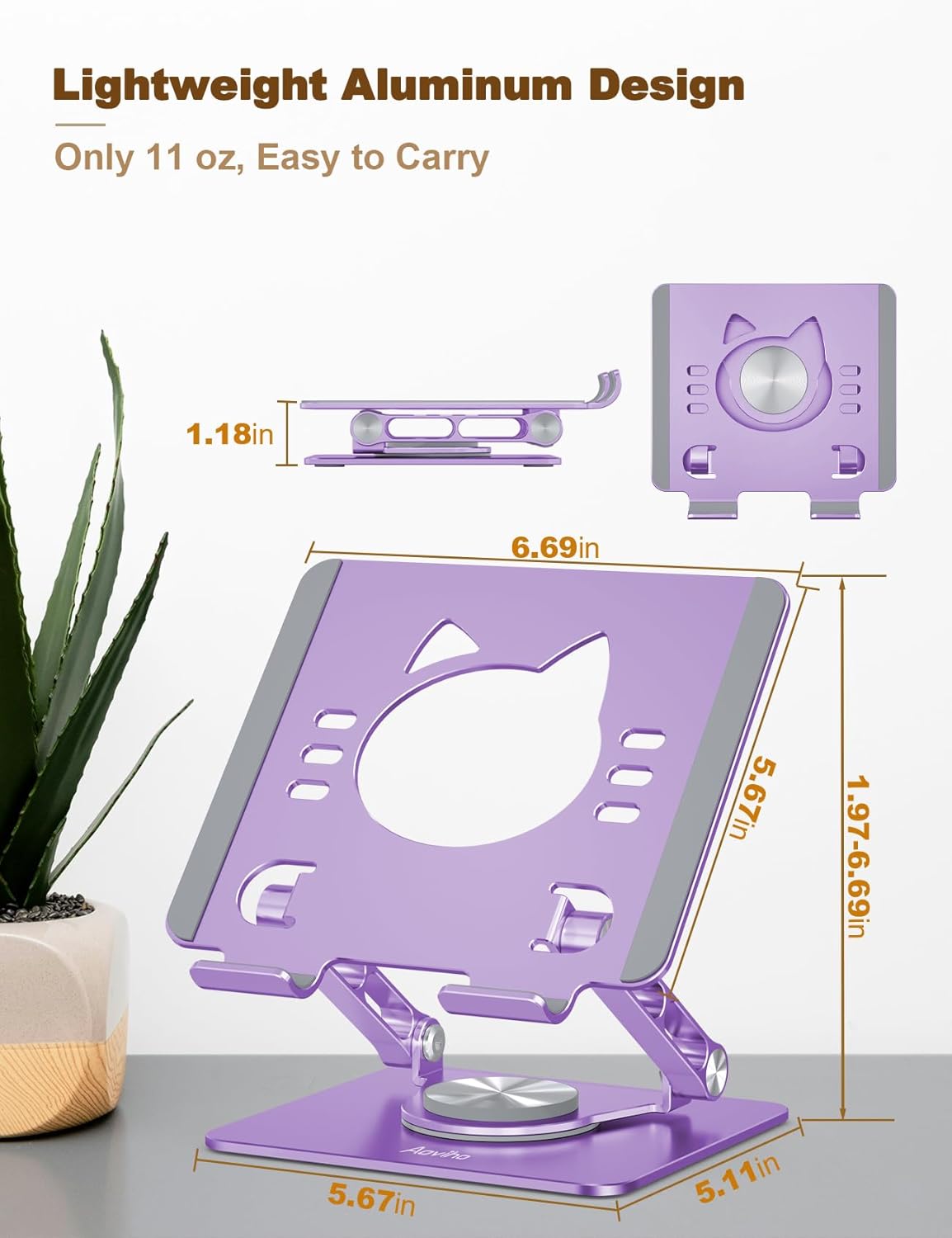 Aoviho Tablet Stand 360° Rotating Aluminum Holder - Adjustable, Portable & Foldable Monitors Stand for iPads, Compatible with 4-13.3" Tablets, Purple