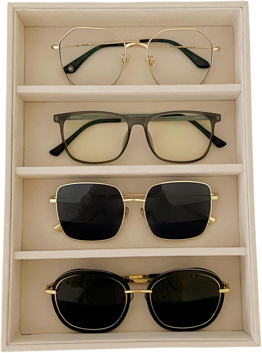 Velvet Sunglasses Organizer Tray 4 Slot, Stackable Eyewear & Glasses Display Case, Premium Beige Velvet, Scratch-Free Lining, Drawer Insert for Dressing Table Vanity Home Retail Trade Show
