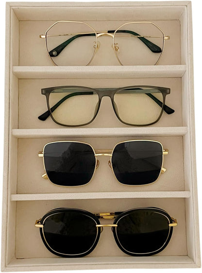 Velvet Sunglasses Organizer Tray 4 Slot, Stackable Eyewear & Glasses Display Case, Premium Beige Velvet, Scratch-Free Lining, Drawer Insert for Dressing Table Vanity Home Retail Trade Show