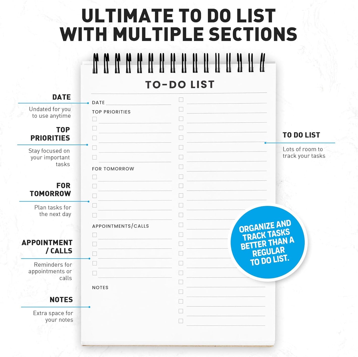 To Do List Notepad: With Multiple Functional Sections - Large Size 8.5x11" 52 Sheets - Tear Off Daily Planner Notebook - Task CheckList Organizer Agenda Pad for Work - Note, Plans, Goals, Grocery, and