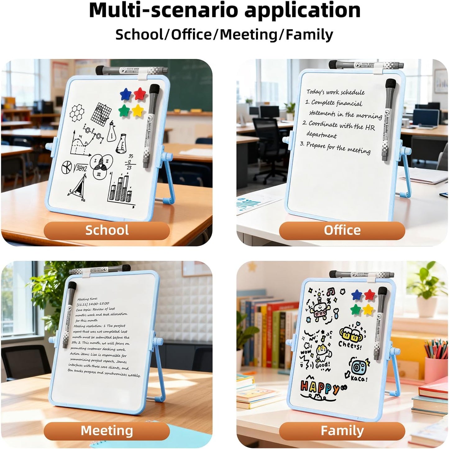 Colorful Dry Erase White Board 8.3x11in, Magnetic Desktop Board with Stand, 2 Markers (Eraser Head), 4 Magnets - Double-Sided Easel for Daily Planning, Memo, Office/Home/School (Blue)