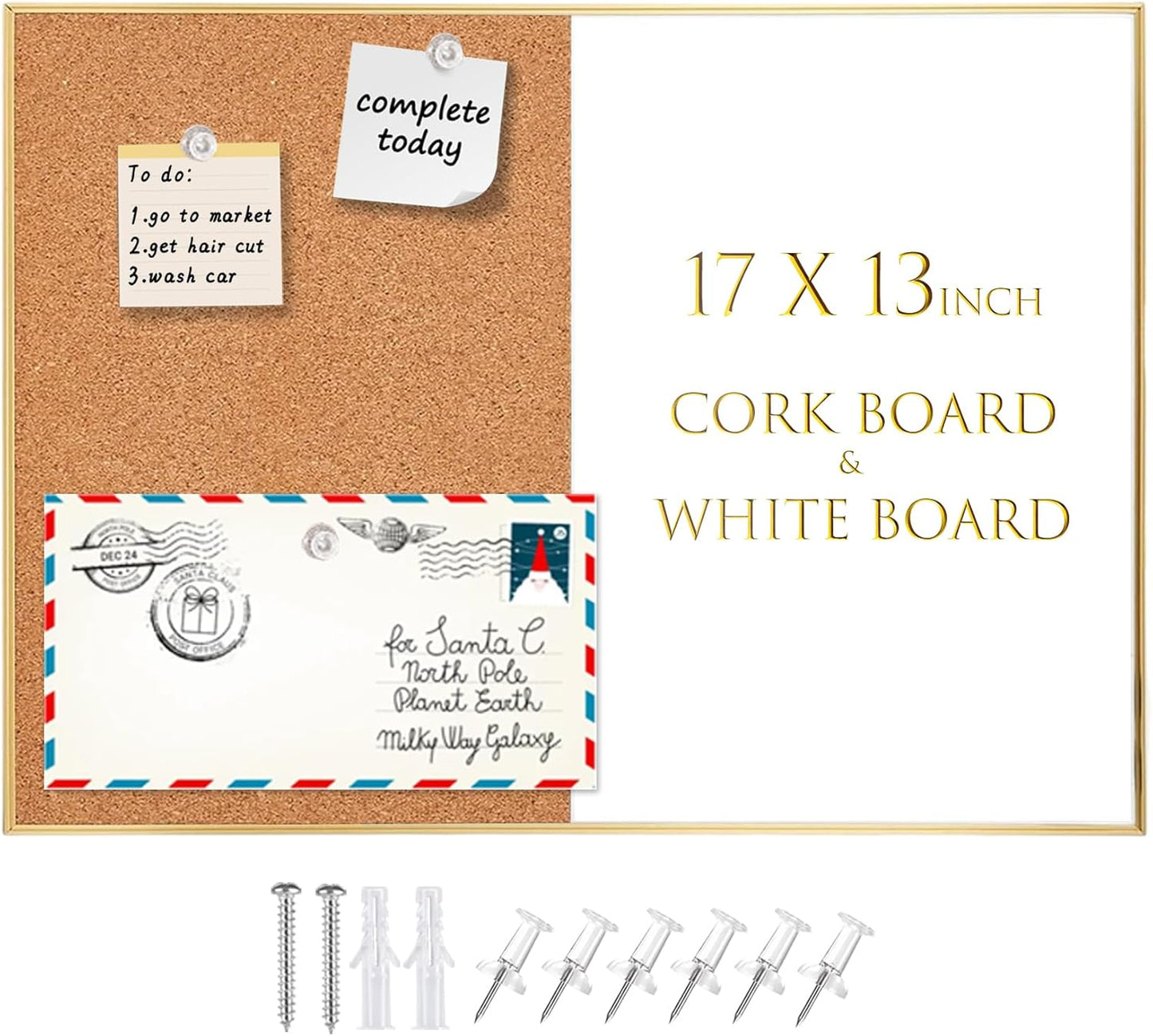 Okydoky Cork Board White Board Combo, Small Size 10.6" x 14.6" Magnetic Dry Erase Board/Bulletin Combination Board, Gold Aluminum Frame, for Home, Office, School(ZHBB-Gold-2737)