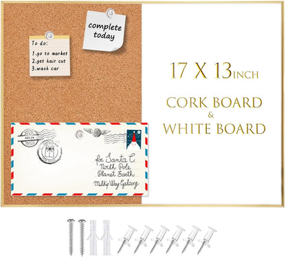 Okydoky Cork Board White Board Combo, Small Size 10.6" x 14.6" Magnetic Dry Erase Board/Bulletin Combination Board, Gold Aluminum Frame, for Home, Office, School(ZHBB-Gold-2737)