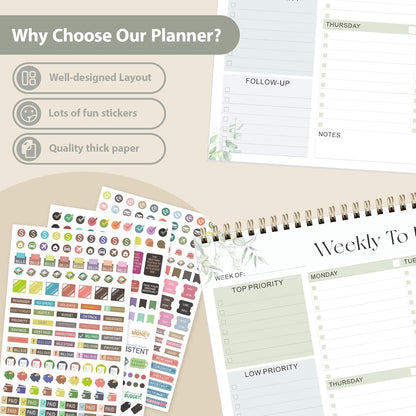 Weekly To Do List Notepad, Undated Planner with 52 Sheets (8.5''x11''), Desk Weekly Planner for Women & Man, Home School & Work