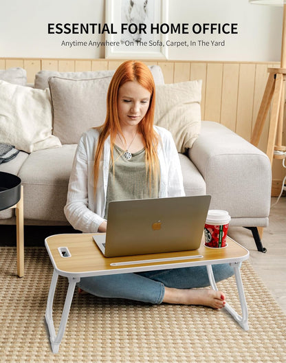 ZEAPTAC Laptop Bed Desk, Foldable Lap Desk, Portable Lap Table, Laptop Stand with Cup Holder, Tablet Slot & Lifting Handle for Work, Write, Draw & Eat on Bed, Sofa or Couch - Pink