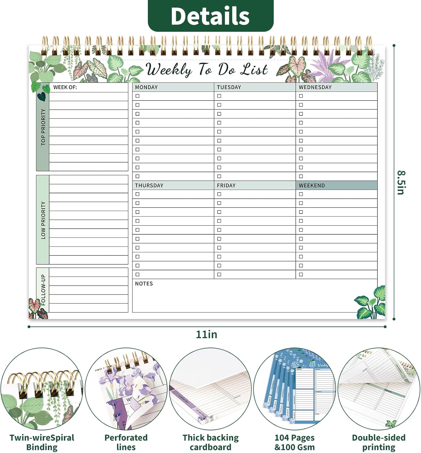 104 Pgs Weekly To Do List Notepad, 52 Duplex-Printed Undated Sheets 100 GSM（8.5"×11") Weekly Desk Planner For Work Home School Office Desk Accessories Supplies & Goal Setting Tasks - Green