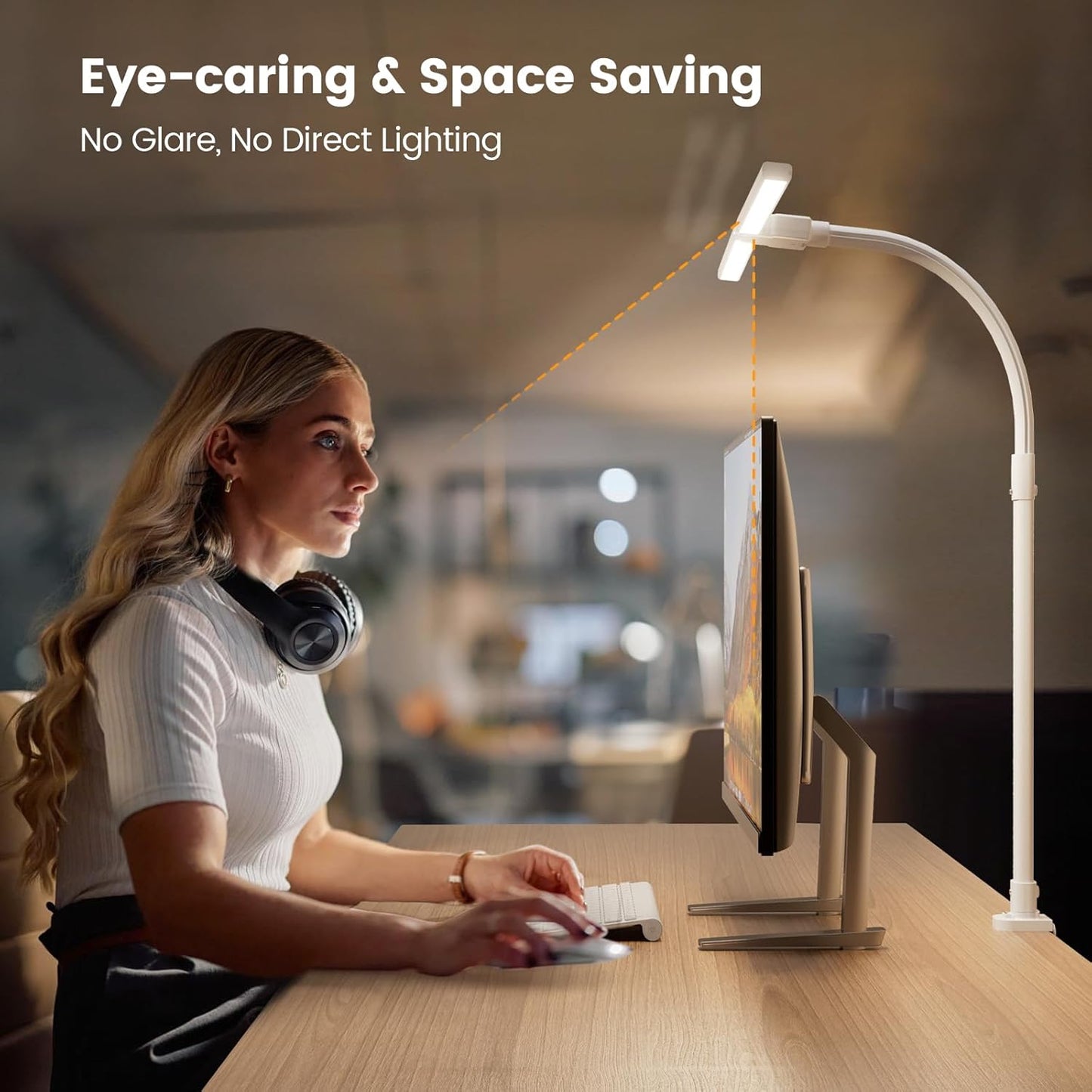 LED Desk Lamp with Base - Bright Dimmable Computer Lamp with Phone Holder, 24W Bendable Desk Light for Monitor Screen, Eye-Caring Tall Desktop Light for Task Home Office Work, Black, Dual Head