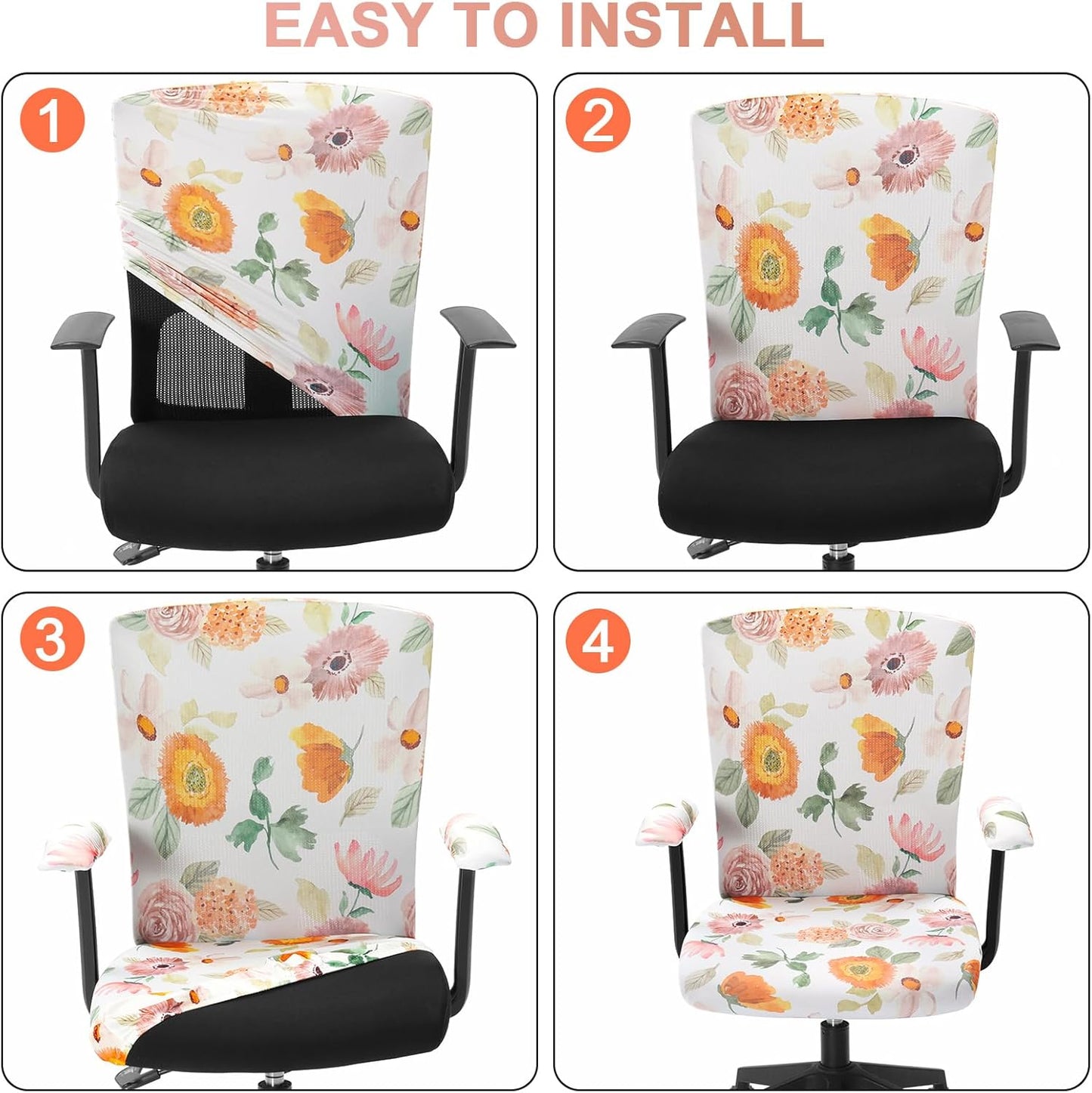 Tallew 4 Pcs Office Chair Covers Set Computer Universal Protective Stretchable Chair Seat Covers Desk Armrest Cover Pads Office Cushion Backrest for Rotating(Regular,Black)