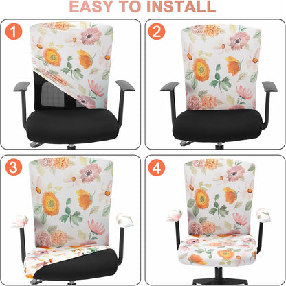 Tallew 4 Pcs Office Chair Covers Set Computer Universal Protective Stretchable Chair Seat Covers Desk Armrest Cover Pads Office Cushion Backrest for Rotating(Regular,Black)
