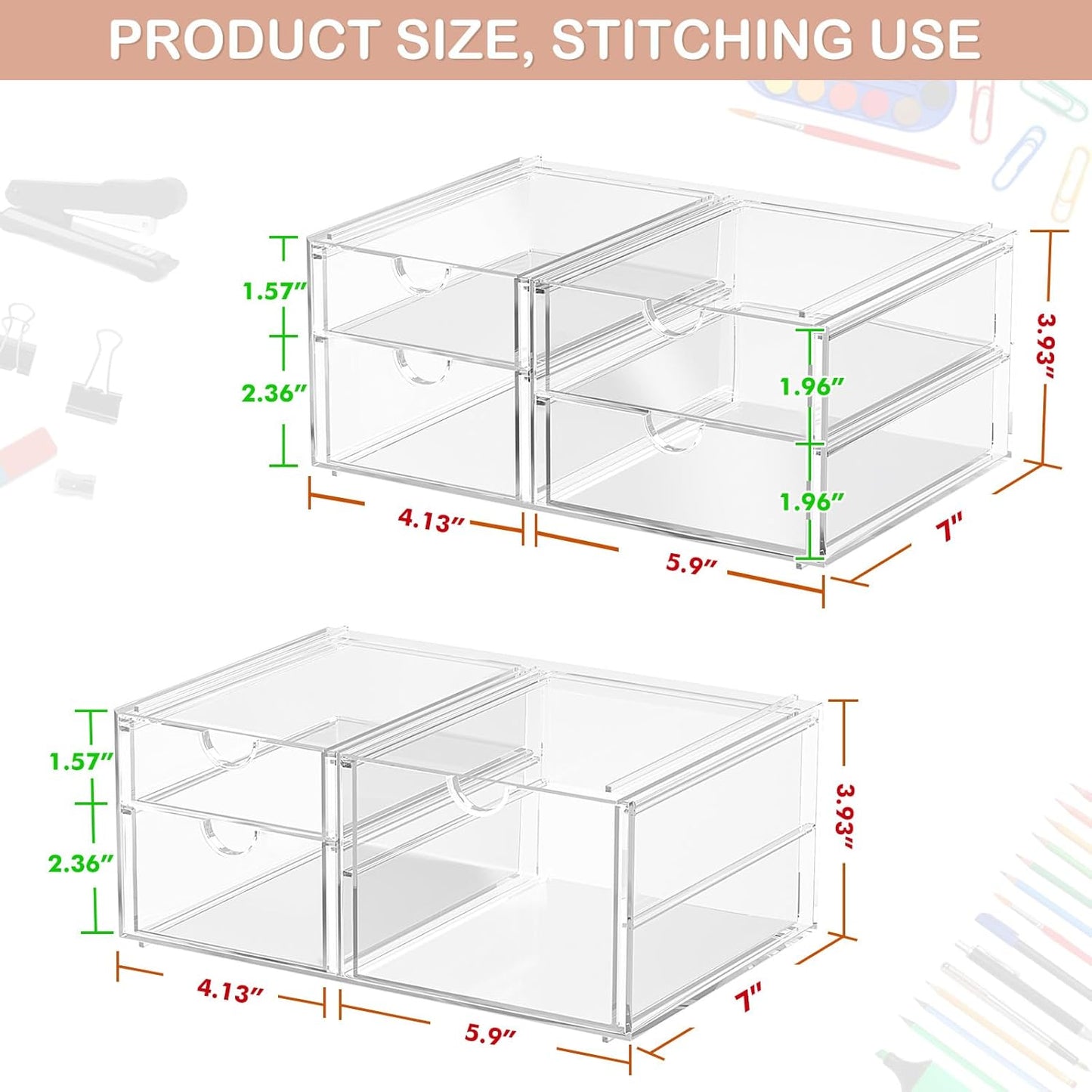 caktraie Makeup Organizer Storage With 16 Drawers, 4 Pcs Desktop Office Supplies, Desk Organizers, Clear Accessories, Dustproof Storage Drawer and for Make Up, Jewelry, Pen, Stationary