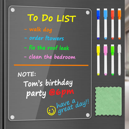 PigPotParty Acrylic Magnetic to Do List Whiteboard for Refrigerator, 12x9.5 Inch Clear Dry Erase Checklist Board, 3-Column Fridge List with Pre-Installed Embedded Magnet, 8 Markers and 1 Towel