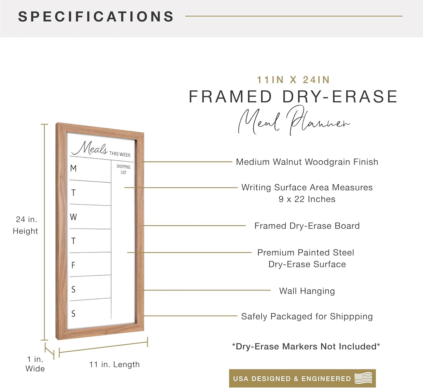 MCS Dry Erase Weekly Planner 11x24 Walnut Framed Calander Whiteboard for Wall, Plan Your Week with Family Weekly Planner for Dinners, Sports, Events & More