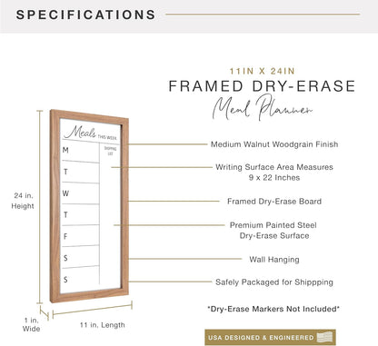 MCS Dry Erase Weekly Planner 11x24 Walnut Framed Calander Whiteboard for Wall, Plan Your Week with Family Weekly Planner for Dinners, Sports, Events & More