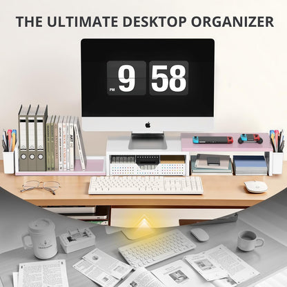 OPNICE Desk Organizers and Accessories, Dual Monitor Stand Riser with Drawer and 2 Pen Holders, Desk Shelf Wood Computer Racks for Office Workspace Organizers, Desktop Organization (Rustic Brown)