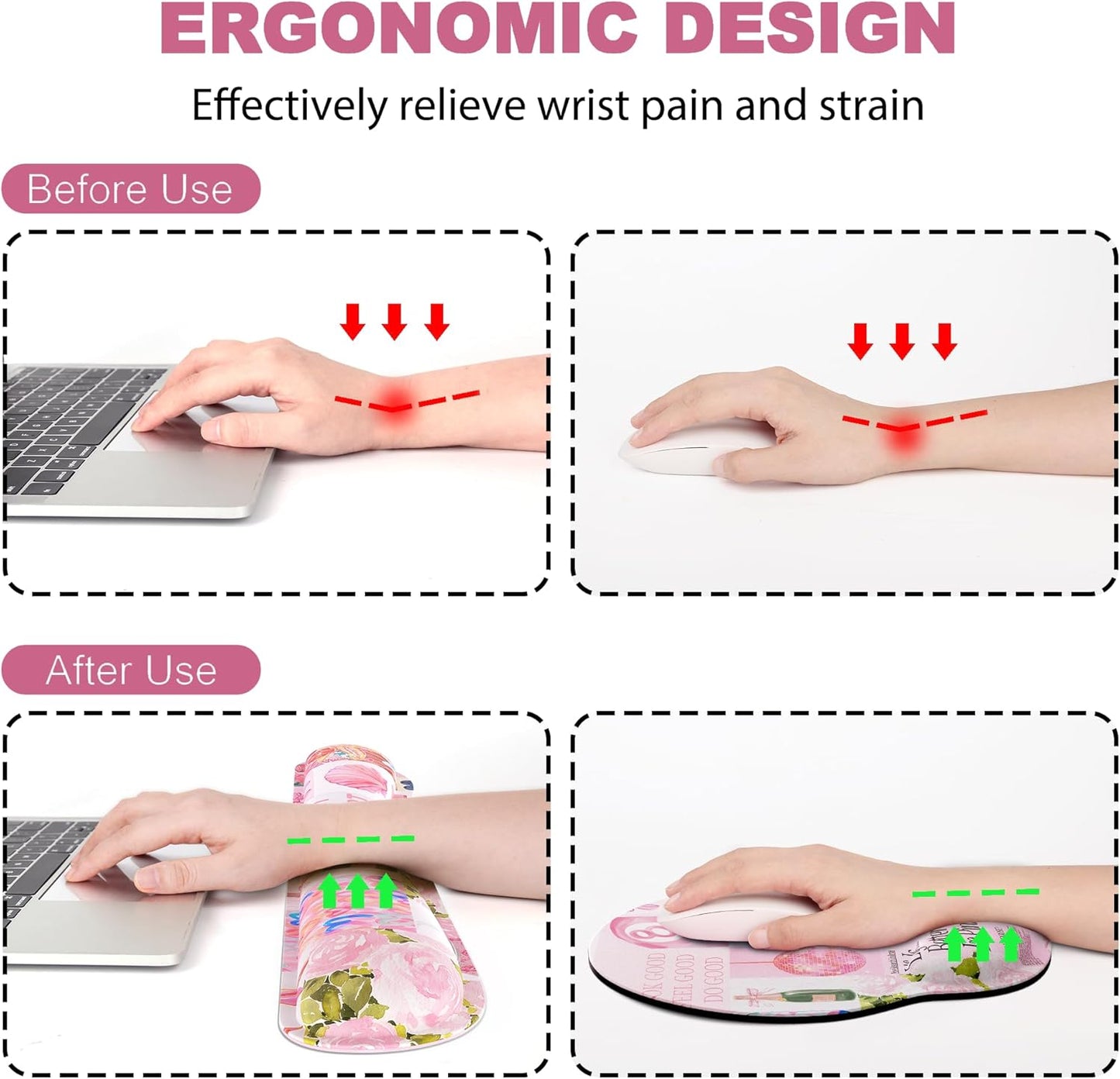 Ergonomic Mouse Pad with Wrist Rest and Keyboard Wrist Rest, Memory Foam Wrist Rest for Computer Keyboard, Easy Typing, Pain Relief, Mouse Pad Wrist Support for Gaming,Office, Laptop, Black Flower