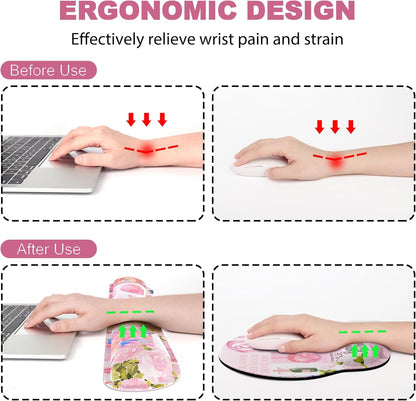 Ergonomic Mouse Pad with Wrist Rest and Keyboard Wrist Rest, Memory Foam Wrist Rest for Computer Keyboard, Easy Typing, Pain Relief, Mouse Pad Wrist Support for Gaming,Office, Laptop, Black Flower