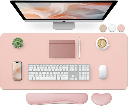Bloss Leather Desk Pad and Keyboard Wrist Rest, Large Mouse Pad + Keyboard Pad+Mouse Wrist Support, Non-Slip Desk Mat Protector for Office, Home(31.5×15.7 Inches,Beige) - Colors A