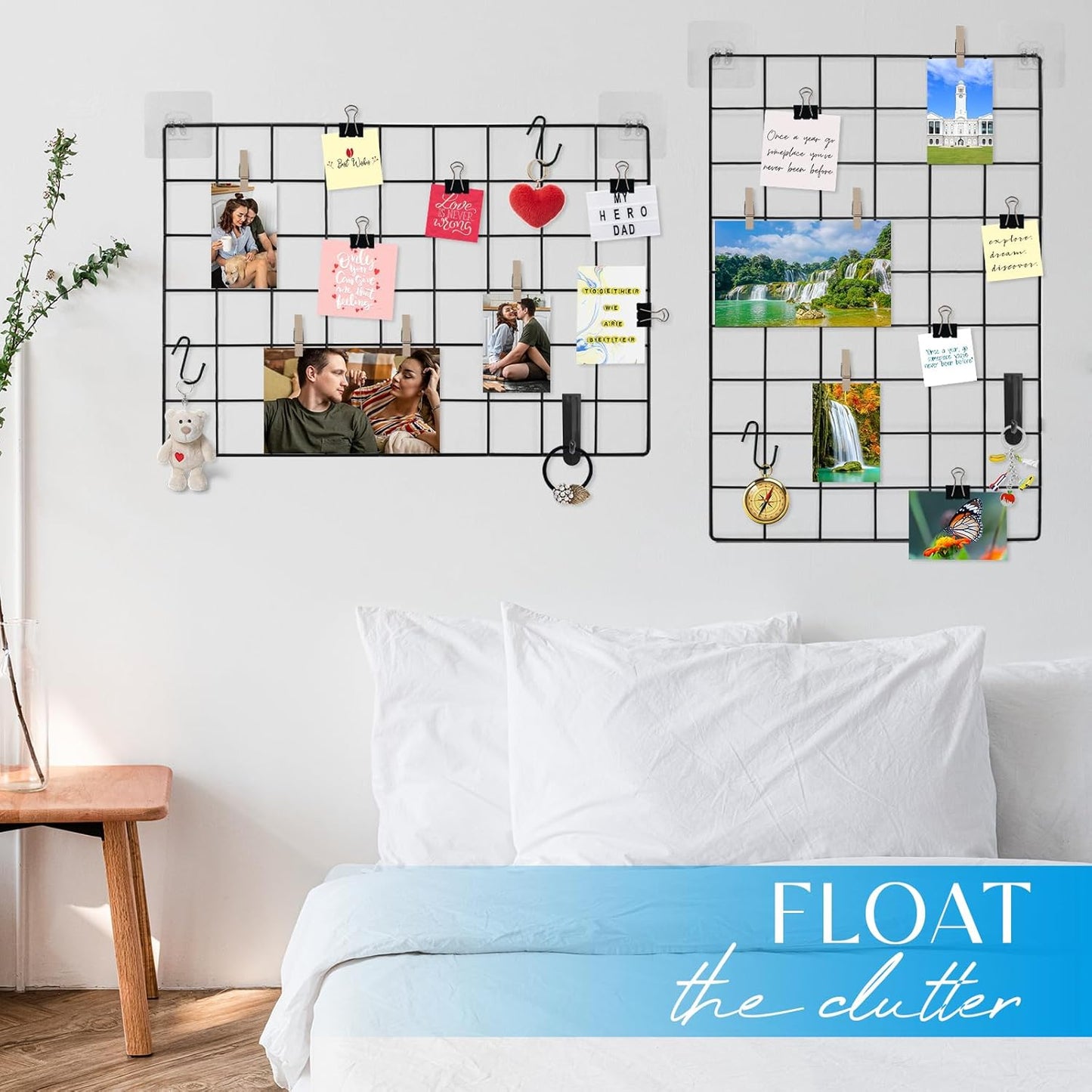 CIKLCIX Metal Grid Wall Panel, Wire Grid Photo Display Organizer, 17.3"×11.8" Gold Wire Board Grid Wall, Grid Picture Frame, 2-Pack Wire Mesh Memo Board With Clips and Hooks