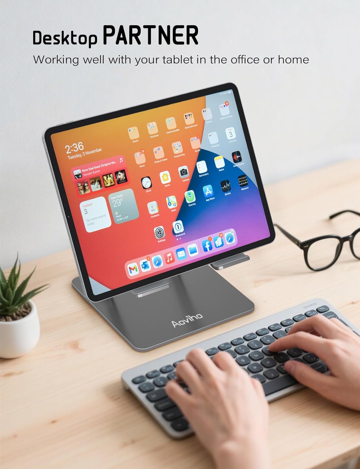 Aoviho Tablet Stand Holder for Desk, Adjustable Aluminum Desk Accessories, Stable Desktop Stand for Office Home,Compatible with iPad Pro Air Mini, Samsung Tablets, Rose Gold