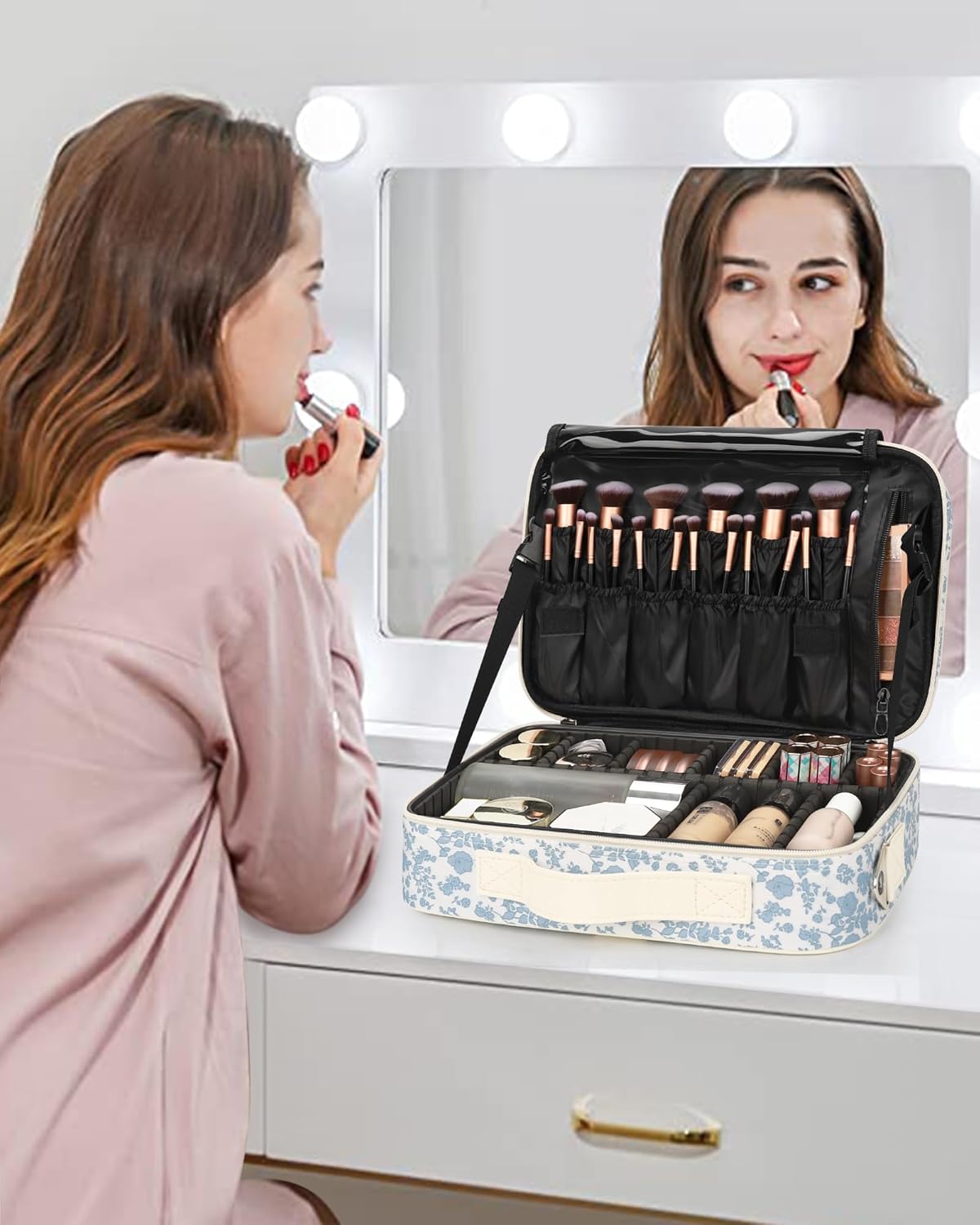 Relavel Makeup Case Large Makeup Bag Professional Train Case 16.5 inches Travel Cosmetic Organizer Brush Holder Waterproof Makeup Artist Storage Box, 3 Layer Large Capacity, with Adjustable Strap