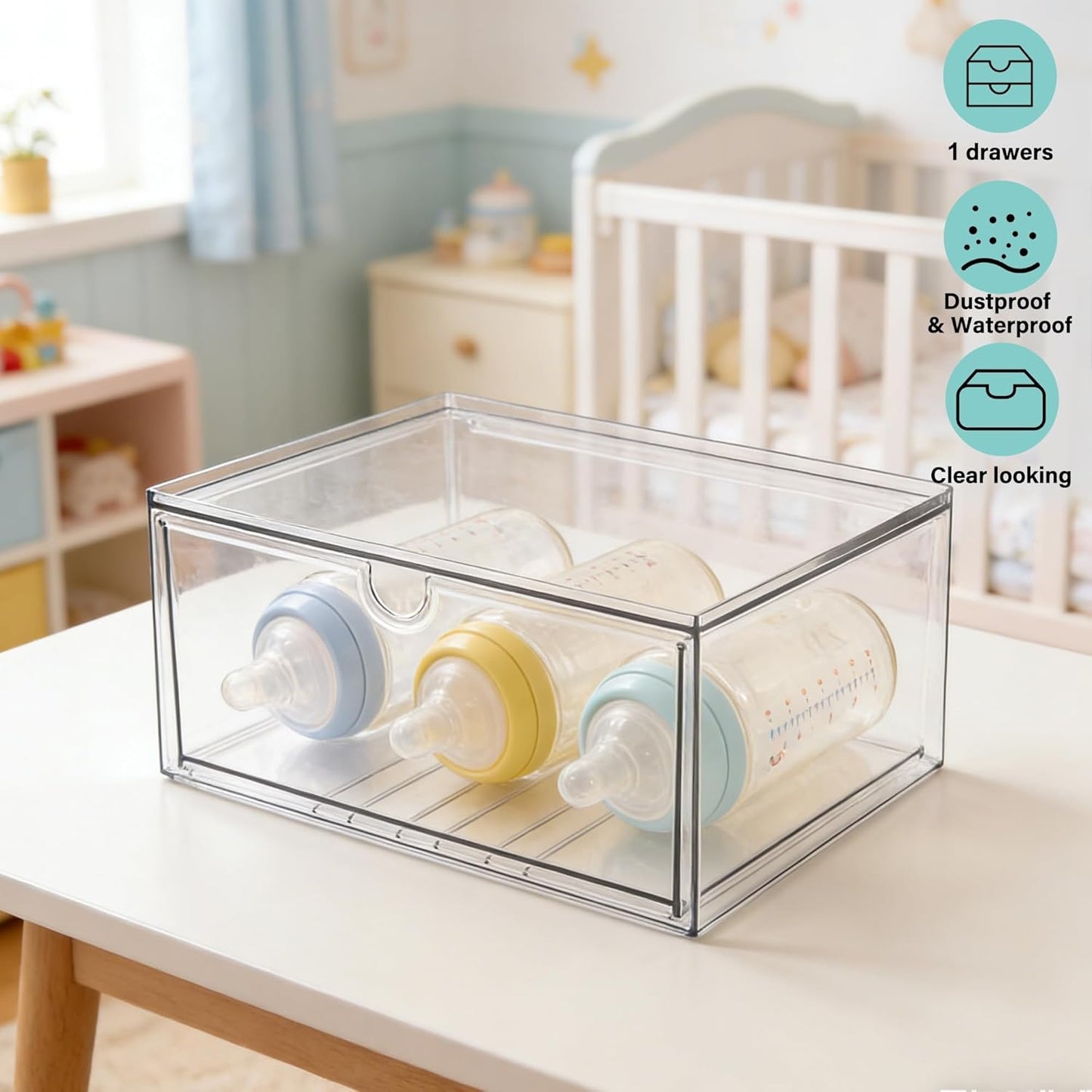 Prsildan Acrylic Drawer Makeup Organizer with 6 Drawers (Not for Baby Bottle), Set of 2 Office Desk Organizers Accessories, Clear Stackable Storage Drawers for Vanity, Craft (Largest Drawer 4" Tall)