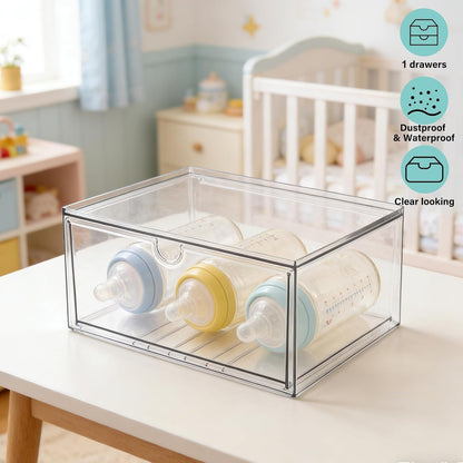 Prsildan Acrylic Drawer Makeup Organizer with 6 Drawers (Not for Baby Bottle), Set of 2 Office Desk Organizers Accessories, Clear Stackable Storage Drawers for Vanity, Craft (Largest Drawer 4" Tall)