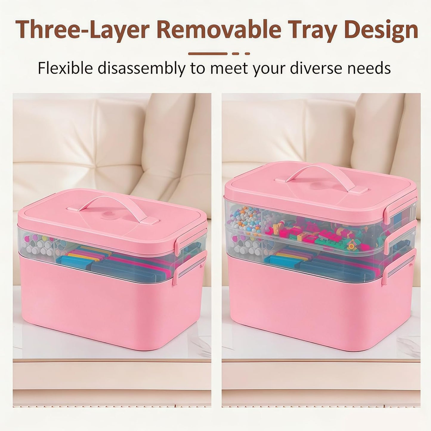 3-Layer Plastic Craft Organizers and Storage Box with Removable Trays, Storage Containers with lids and Handle, Art Supply Storage Organizer for Bead, Ornament, Nail Polish, Tape（10.62"x9"x7.67"）