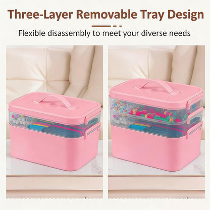 3-Layer Plastic Craft Organizers and Storage Box with Removable Trays, Storage Containers with lids and Handle, Art Supply Storage Organizer for Bead, Ornament, Nail Polish, Tape（10.62"x9"x7.67"）