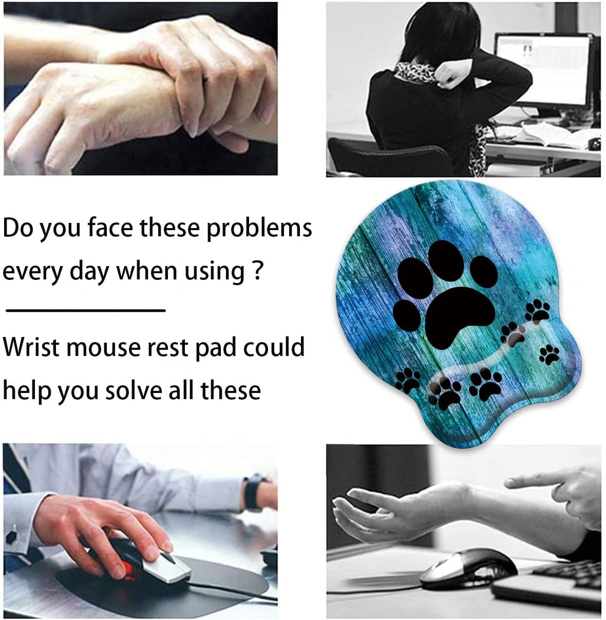 Mouse Wrist Rest and Keyboard Wrist Rest Pad Set, Non-Slip Rubber Base Smooth Surface Ergonomic Gaming Mouse Pad for Easy Typing and Pain Relief, Antique Blue Wood Grain Dog Paw + Coaster