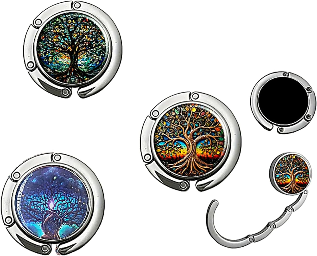 Portable Purse Hook for Table, Foldable Purse Hanger for Table Edge with Non-Slip Rubber Base, Magnetic Closure, 3-Pack Handbag Hook Set, Family Tree Designs for Restaurant Office Travel