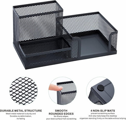 Black Mesh Pen Holder - Multipurpose Mesh Desk Organizers Large Capacity Office Supplies with Sticky Notes Holder and 3 Compartments 4 Non-slip Mats Easy Storage Suitable for School, Home