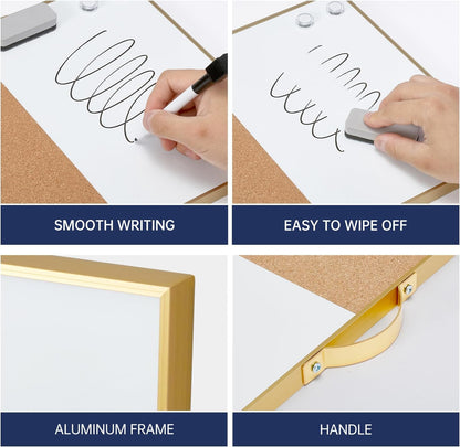 TSJ OFFICE Small Whiteboard Cork-Board - 16" X 12" Portable Aluminum Black Framed Magnetic Dry Erase Board, Small Bulletin Cork Board with Holder for Office, Home and School