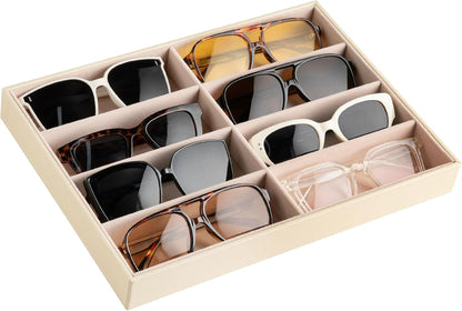 Frebeauty Sunglass Organizer,PU Leather Glasses Organizer,8-Slot Sunglasses Tray,Men's/Women's Sunglasses Box,Sunglass Case,13.3 x 9.6 x 1.5 Inches,Eyeglass/Eyewear Display Tray(Grey)
