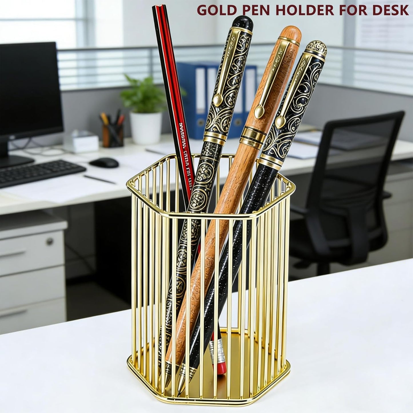 Gold Metal Pen Holder for Desk - Heavy Duty Makeup Brush Organizer Cup with, Pencil Holder for Office & Home, Storage for Stationery/Cosmetics/Art Supplies, Matte Finish, 4.8 Inch (Round)