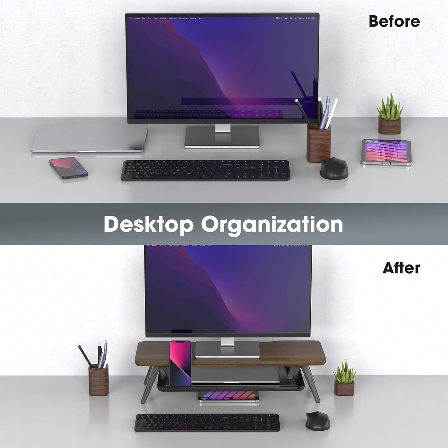 Fenge Dual Monitor Stand, Monitor Stands Riser for 2 monitors, 42.5 Inch Wood Desk Shelf with Storage Organizer and Cable Management for Office Desk Accessories