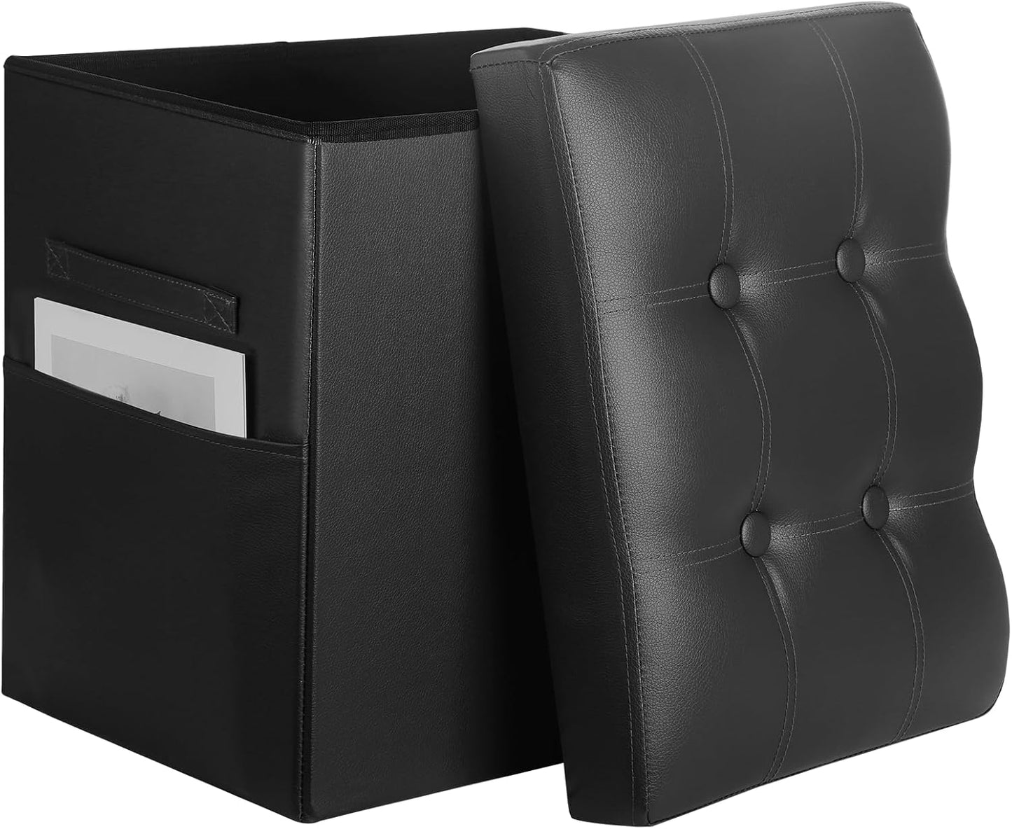 BelugaHelper Storage Ottoman Foot Rest Stool, Foldable Leather Footstool Storage Bench with Thicker Foam Padded Seat. Foot Rest Under Desk for Living Room Bedroom 350 lbs, 17x13x13 in, Brown