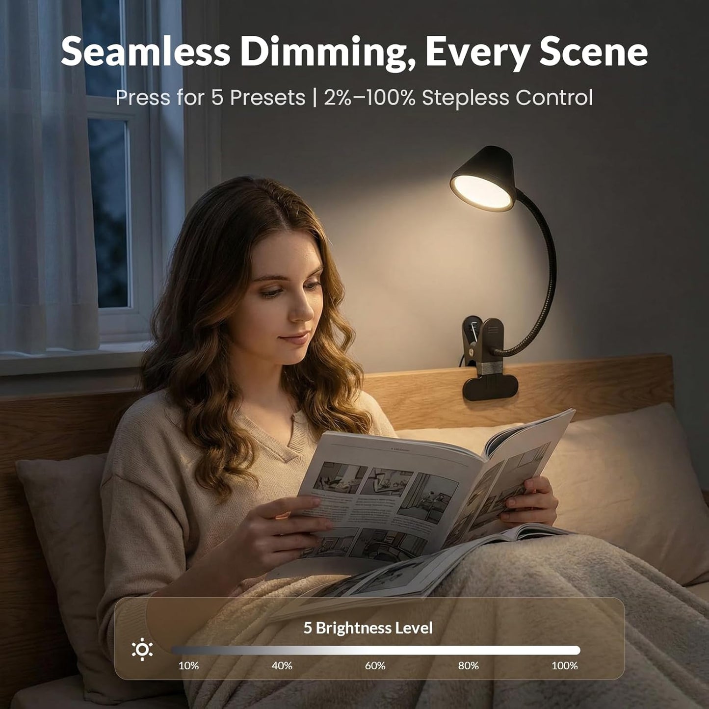 LEPOWER Clip on Light, 7W Reading Lights for Books in Bed with 5 Colors & Stepless Dimming, RG0 Eye-Care, Amber Glow Light & Auto Timer, Strong Clamp with Adapter for Headboard, Bedside, Desk, Black