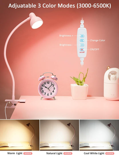 Clip on Lamp USB Reading Light, 3 Color Modes, 10 Brightness Dimmable, 360° Flexible Desk Lamp with Clamp, Eye Care Clip on Light for Bed Desk Headboard Home Dorm White