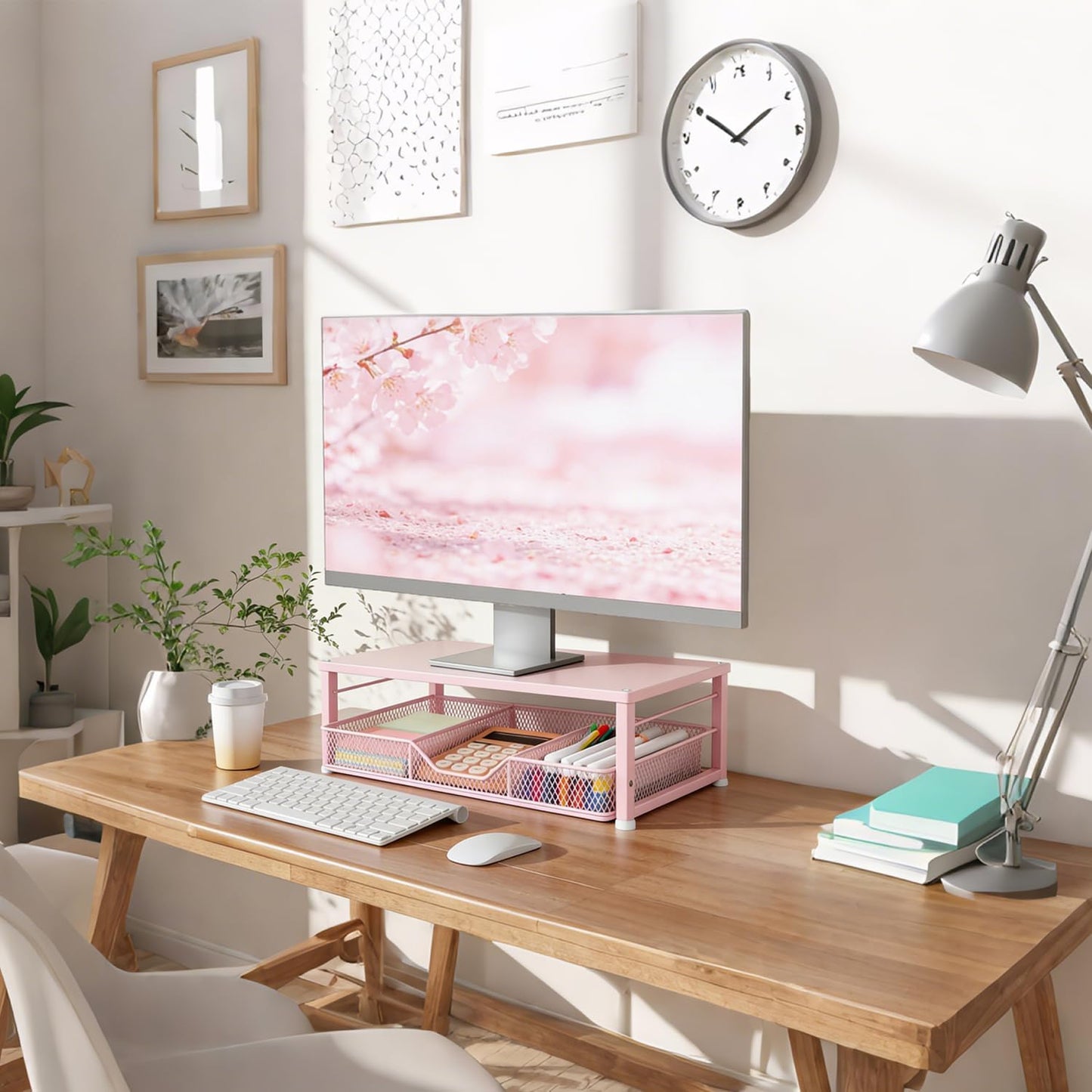 Wood Metal Monitor Stand Riser, Laptop Stand for Desk, Office Desk Organizer and Accessories, Computer Desktop Shelf with Drawer and Pen Holder, Printer Stand for Home, Office, Dorm (Natural Wood)