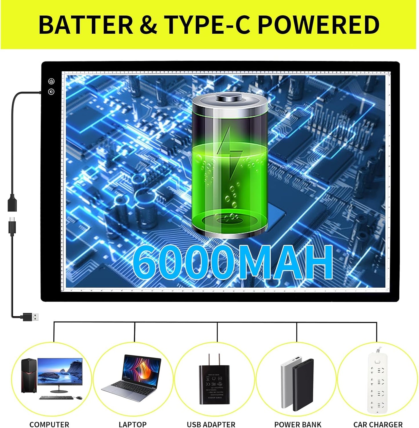 YINGWOND Rechargeable A4 LED Light Pad with Padded Case, Tracing Light Box w/Riser Stands and Paper Clip, 6 Levels of Brightness, Type-c Cable, Wireless Diamond Painting Light Board