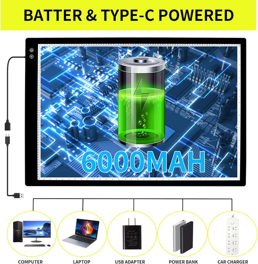 YINGWOND Rechargeable A4 LED Light Pad with Padded Case, Tracing Light Box w/Riser Stands and Paper Clip, 6 Levels of Brightness, Type-c Cable, Wireless Diamond Painting Light Board
