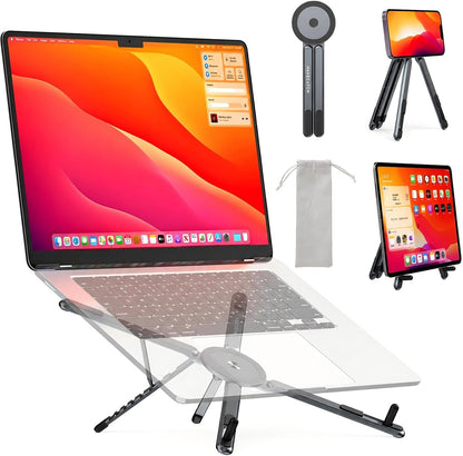 Portable Laptop Stand for Desk, 3-in-1 Adjustable Holder for MacBook, 8-Level Height & Angle, Aluminum Alloy Desktop Stand, Compatible with 4-13” iPhone, 10-16” Laptops & Tablets(Gray)