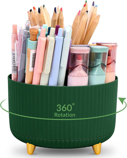KONVINIT Pencil Pen Holder for Desk, 5 Slots 360 - Degree Rotating Desktop Organizer, Cute Desk Organizers and Accessories for School, Home, Office and Art Supply, Black