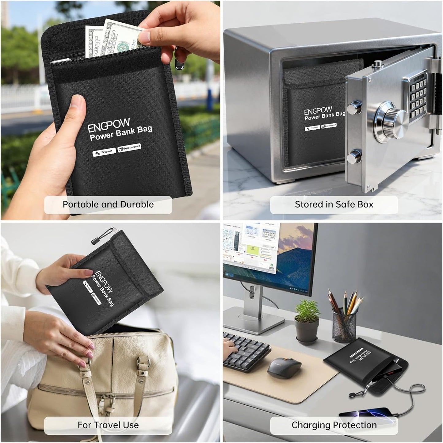 ENGPOW Fireproof Organizer Travel Bag,Heat Insulated＆Explosion-Proof Electronic Carry Case,Portable Home Travel Safe Storage for Power Bank,Phone,Cables,USB Drive＆Charging Protection, 10.6''x6.7''