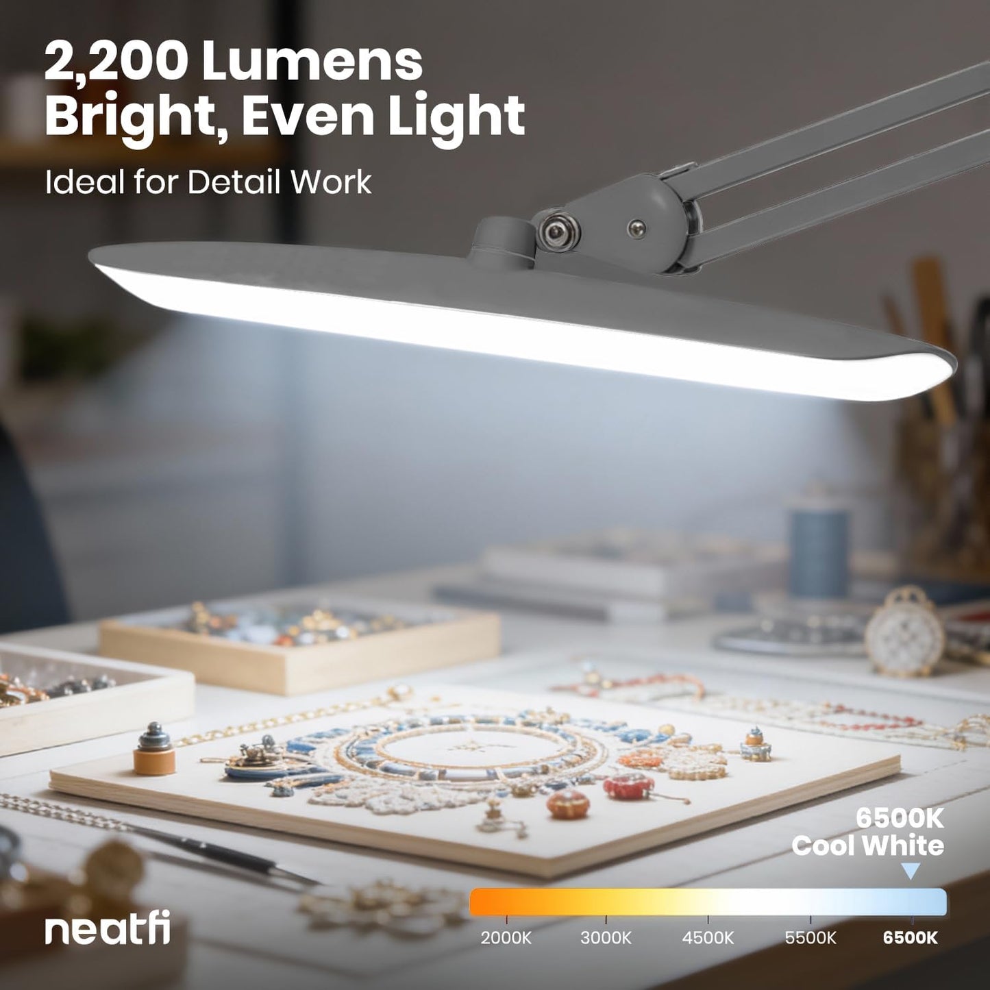 Neatfi XL 2200 Lumens 24W LED Desk Lamp – Shadow-Free Task Lighting | 4-Level Dimming | Home Office & Crafts Use | 20-Inch Wide Head (White, Non-CCT with Clamp)