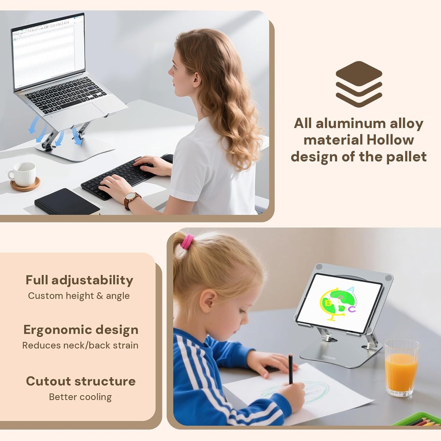 Laptop Stand for Desk, Aluminum Metal MacBook Stand，Computer Riser for Desk, Portable Foldable Adjustable Notebook Holder, Compatible with 10-15.6 Inch Laptops, iPad, Silver.