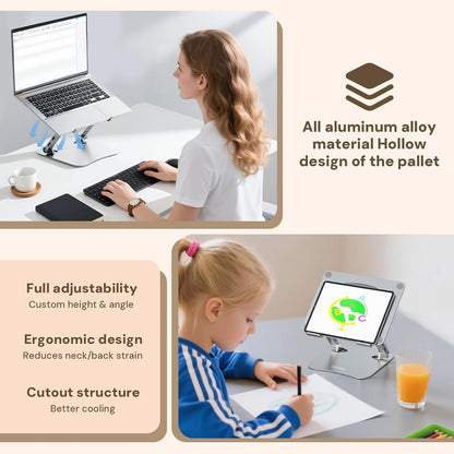 Laptop Stand for Desk, Aluminum Metal MacBook Stand，Computer Riser for Desk, Portable Foldable Adjustable Notebook Holder, Compatible with 10-15.6 Inch Laptops, iPad, Silver.