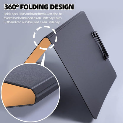 FRETONBA Clipboard Folder, A4 Foldable Clipboard with Horizontal and Vertical Double Metal Clips, 360 Degree Foldable Binder Clipboards with Pen Holder, File Cover Work Folder Clipboards, Blue